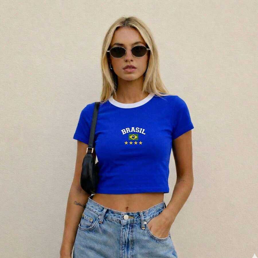 Cropped T-Shirt Brazil World Cup Flag Print - 藍色 - 查看 1
