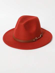 1顶女士帽子，时尚心形平沿毡帽，配棕色金属链带装饰，适合西部牛仔帽，金属环简约腰带平沿软呢帽，男女皆宜的百搭款式 - 彩色 - 查看 34