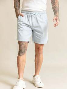 Men's Bermuda Shorts In Twill With Linen And Drawstring - Azul - Ver 6