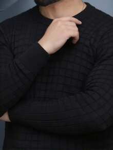 Men's Plain Square Knit Sweater, Round Neck, Long Sleeve, Thick Wool Sweater. - Black - View 3