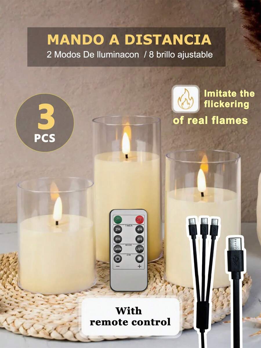 3件組可充電蠟燭燈,可調亮度與定時遙控,USB充電附3合1 Type-C充電線,生日婚禮道具,適用聖誕節、萬聖節、情人節送禮 - 透明款 - 查看 1