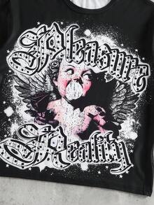 青少年男孩休闲街头风暗黑天使图案字母涂鸦独特设计短袖T恤，春夏款 - 黑色 - 查看 3