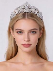1件优雅女士水晶皇冠发饰，公主风皇冠新娘婚礼派对生日头饰 - 銀色 - 查看 2