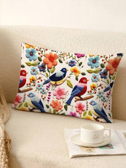 1/2 piezas Funda de cojín de cintura con estampado de pájaros y arbustos vintage BUNI6, de tela de felpa corta tejida, con cierre de cremallera, solo lavado a mano, funda decorativa de cojín para sofá, 12" X 20" - Sin relleno