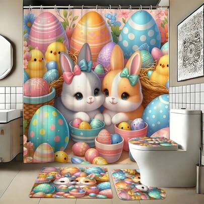 4pcs Easter Bunny And Chick Egg Bathroom Set, Home Decor, Bathroom Curtain, Bathroom Set, Including Shower Curtain And Shower Curtain Set. This Decorative Bathroom Set Includes A Shower Curtain, U-Shaped Toilet Seat Cover, Non-Slip Mat, Toilet Seat Cover, And 12 Shower Curtain Hooks. Suitable As A Housewarming Gift, Birthday Gift, Holiday Gift, Or A Gift Between Boyfriends/Girlfriends.