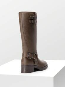 Women's Square Toe Motorcycle Boots Side Zipper Knee High Boots Chunky Low Heel Buckle Decorated Fashion Casual Riding Boots Festival Woman Shoes - 棕色 - 查看 9