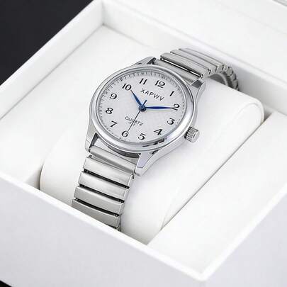 XAPWV 1pc Arabic Numeral Scale Casual Women's Watch, Fashion Steel Elastic Band Quartz High-End Ladies Wristwatch