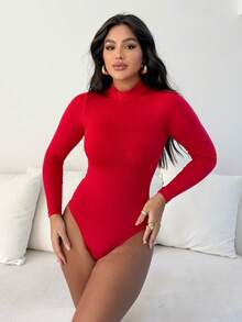 Women's Bodysuit Kit, High Neck, Long Sleeve, Second Skin, Basic, Versatile, Fashion Blogger Style, - ĐEN-XÁM-ĐỎ - Xem 6