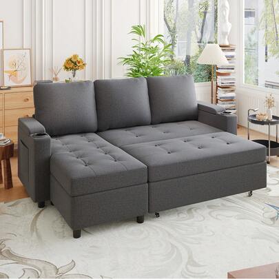  Canapé-lit DEVOKO avec rangement, canapé d'angle, canapé 3 places, canapé-lit convertible avec fonction inclinable, canapé d'angle compact, solutions d'ameublement modulables pour les familles et les salons, gris/beige/gris anthracite