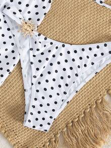 PEPPERMOLLY 3-Piece Retro Polka Dot Swimsuit - Gold Detail Halter Bikini + Ruffle Cover Up | Y2K Style Swimwear, Suitable For Beach And Pool Parties - Black and White - View 11