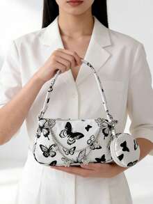 2pcs/Set Shoulder Bag, Chain, Butterfly Decor, Casual Shoulder Bag, Fashion Handbag, Large Capacity, Versatile, Suitable For Teenage Girls, Great For Office, Work, Business, Commuting, Shopping, Vacation, An Excellent Gift For Friends, Girlfriends, Teachers, Also Suitable For Holidays And Vacations - Black and White - View 9