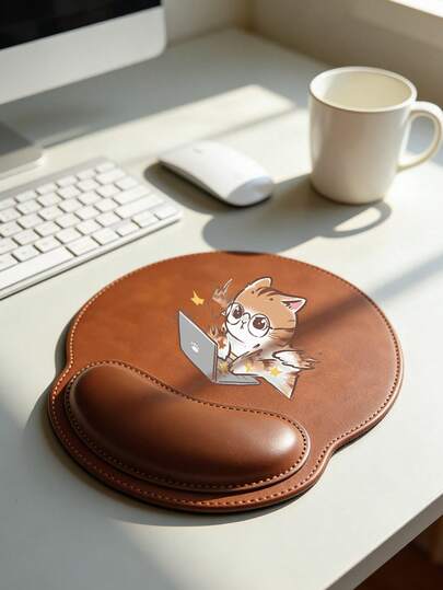 符合人体工学的腕托鼠标垫，可爱猫咪图案，防滑桌面垫，带腕托，仿皮材质，适用于办公、电脑、笔记本电脑、游戏，毕业礼物之选