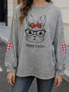 Oversized Graphic Sweatshirts For Women Easter Bunny Print Pullover Loose Fit Long Sleeve Tops For Spring Fall - Gris Oscuro - Ver 1