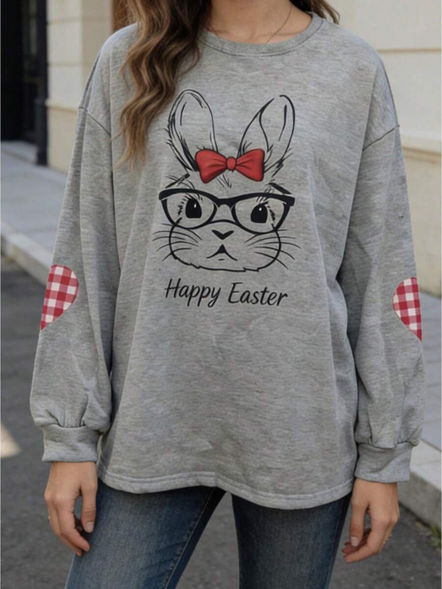 Oversized Graphic Sweatshirts For Women Easter Bunny Print Pullover Loose Fit Long Sleeve Tops For Spring Fall - Gris Oscuro - Ver 1