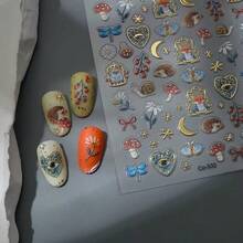 春日镀金森林动物刺猬狐狸蘑菇瓢虫可爱花卉蜻蜓野生水果3D浮雕美甲贴纸，DIY美甲必备 - 彩色的 - 查看 4