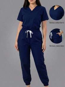 Conjunto uniforme médico quirúrgico set 2 piezas dama mujer manga corta cuello v pantalón jogger resorte cordón cómodo - Azul Marino - Ver 1