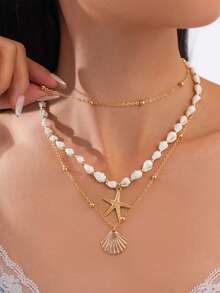 Ocean Vacation Style Starfish And Scallop Pendant Necklace. Multi-Layered Stacked Metal Chain Necklace & Bracelet. - Multicolor - View 11