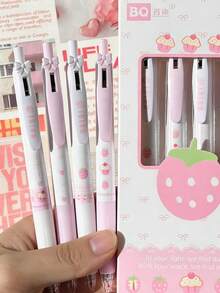 4pcs Cute Strawberry Cream Friction Grip Retractable Ballpoint Pens, 0.5mm Black Ink, Fashionable Design For Students - Strawberry Pen - View 9