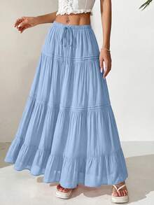 Women Casual Elastic High Waist Drawstring Pleated Layered Flowy Long Skirt Summer Boho Beach Vacation Holiday Going Out Valentine Maxi Skirt Outfits - 藍色 - 查看 1