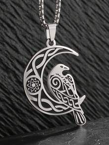 1pc Vintage Viking Moon Raven Pendant Necklace, Celtic Knot With Animal Motifs, Nordic Mystic Style Jewelry - Retro - View 7