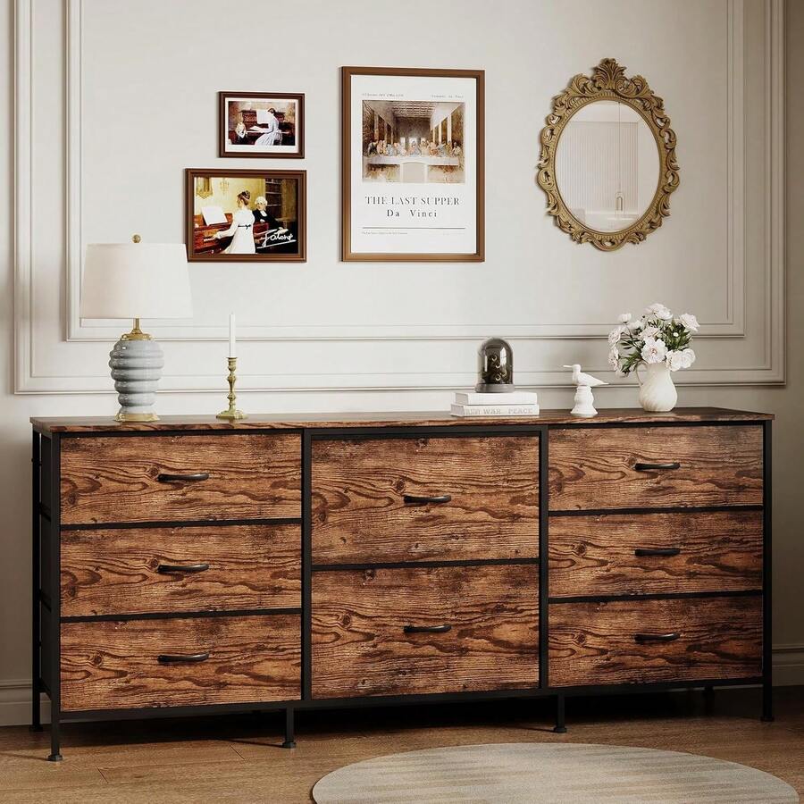 Beaully 8 Drawer Fabric Dresser With Wooden Top, TV Stand & Storage Organizer, Metal Frame Chest For Bedroom Living Room Closet, 63" W X 27" D X 14" H - 棕色 - 查看 1