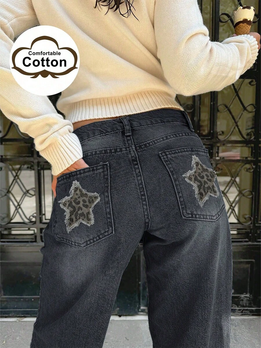 Y2K风格水洗做旧豹纹星形拼接直筒牛仔裤，休闲日常穿着，适合度假和春季穿着。 - 灰色 - 查看 1
