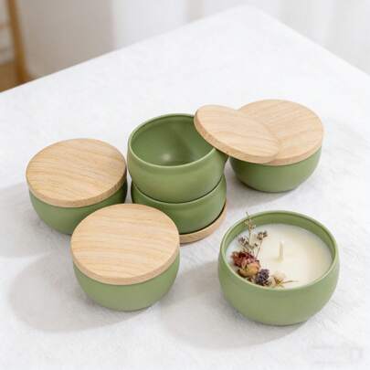6pcs Green Blank Candle Jars With Wooden Lids - Reusable Metal Containers Suitable For DIY Candle Making, Home Decor And Small Storage