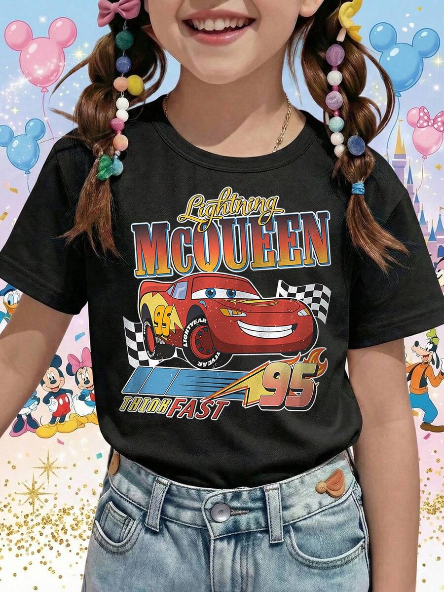 Camisetas con estampado de Rayo McQueen de Disney Pixar Cars 95 para niñas - Diseño de ropa infantil de estilo corto, cómodo y casual, adecuado para fiestas y juegos, lavable a máquina, regalo de ropa infantil, camisas de manga corta para niñas - Negro - Ver 1