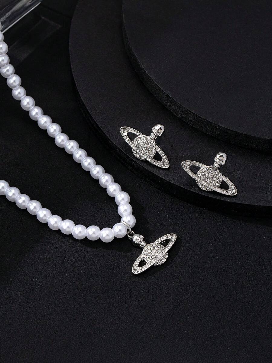 3 Stücke Valentinstag Mode Perle Glanz Strass Schädel & Planeten Design Halskette und Ohrringe Schmuckset für Frauen - Verschiedenfarbig - Übersicht 1