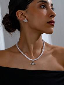 3 Stücke Valentinstag Mode Perle Glanz Strass Schädel & Planeten Design Halskette und Ohrringe Schmuckset für Frauen - Verschiedenfarbig - Übersicht 2