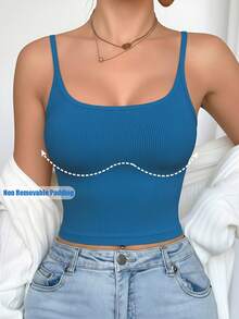 1pc Women Casual Comfortable Camisole Top, Padded Sleeveless Ribbed Cropped Tank, Slim Fit Versatile Camisole For Layering, Blue - Blue - View 2