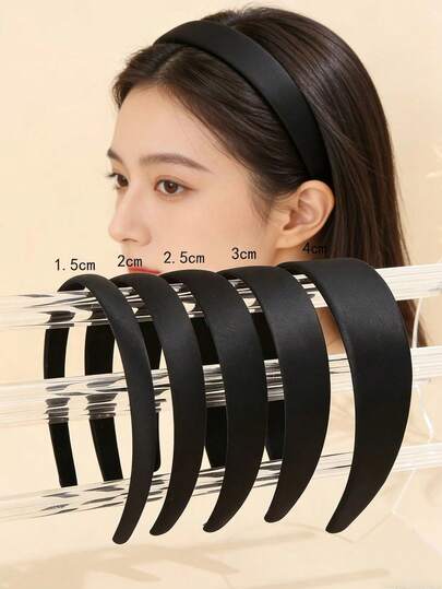 5件套纯色缎面发箍，防滑宽发圈套装，适合女士和女孩，尺寸分别为1.5厘米/2厘米/2.5厘米/3厘米/4厘米，发饰