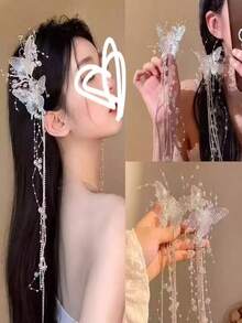 2pcs Crystal Butterfly Tassel Hair Clips, Fairy Wing Hair Accessories, Suitable For Bride, Holiday, Photo Shoot, Gift - White - View 1