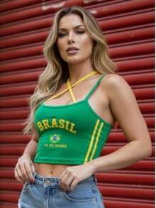 Cropped Top Brazil Women's – Virginia Inspiration | Premium Ribbed Knit - Xanh lá và vàng - Xem 1