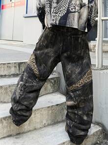 1pc Men'S Loose Black And Grey Denim Jeans |   Vintage Distressed Wash With Leopard Print Patches, Cargo Style With Multiple Panel Design, Y2K Street Hip-Hop Fashion, Available In Multiple Sizes (Belt And Additions Not Included) - Style - View 4