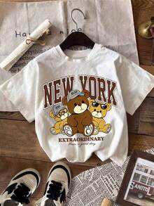 青少年男童卡通熊印花圆领T恤，休闲柔软上衣，春夏Y2K风格 - 白色 - 查看 1
