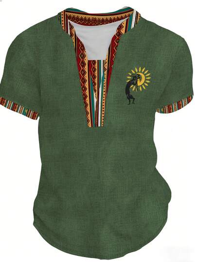 欧美风男士复古花卉印花短袖亨利衫