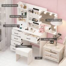 Vanity Desk With HD Lighted Mirror, Makeup Vanity Table With Drawers & Shelves, 3 Color Light & Adjustable Brightness, Bedroom, Living Room Dressing Table, Gift For Women - 白色 - 查看 1