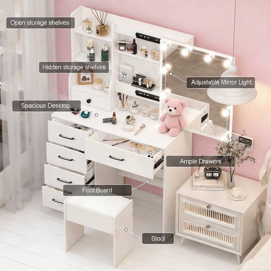 Vanity Desk With HD Lighted Mirror, Makeup Vanity Table With Drawers & Shelves, 3 Color Light & Adjustable Brightness, Bedroom, Living Room Dressing Table, Gift For Women - 白色 - 查看 1