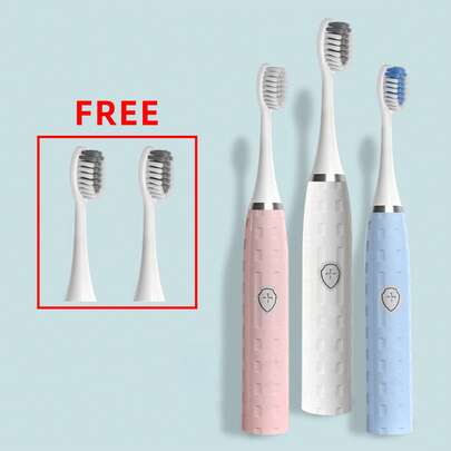 Cepillo de dientes eléctrico a batería, 3 opciones de color, apto para adultos, incluye 3 cabezales de repuesto, funcionamiento con un solo toque, cerdas suaves, limpieza bucal profunda, almacenamiento conveniente y fácil de transportar