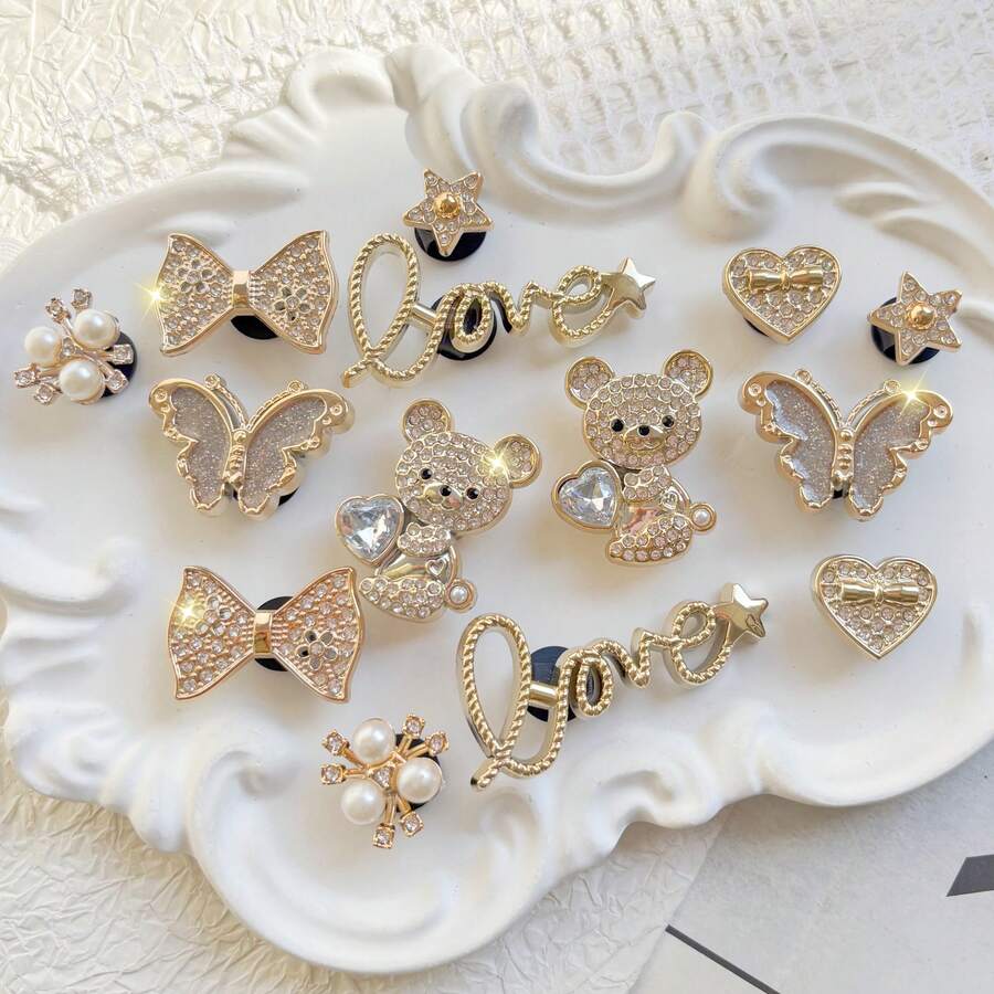14 Peças Decorações de Sapato em Forma de Urso Dourado, Acessórios de Sapato em Forma de Borboleta Dourada, Encantos de Sapato Destacáveis, Elegantes e da Moda, Adequados para Sandálias e Chinelos Perfurados, Ótimos para Presentes de Feriado - Dourado - Visão 1