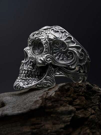 1 pieza Anillo de calavera para hombres - Joyería gótica punk con diseño de calavera barroca pesada, motocicleta, concierto - Anillo de fiesta para hombres - Ideas de regalo góticas geniales