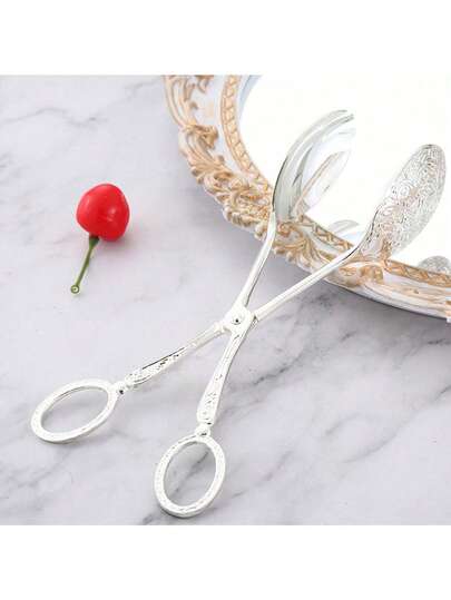 1pc Silver Metal Salad Tong, Elegant Party Self-Serve Cake Serving Clip, Multifunctional Dining Utensil