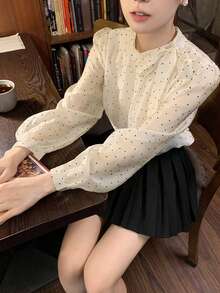 女士甜美法式波点雪纺衬衫，带蝴蝶结侧肩带，通勤休闲装，夏季 - 杏色 - 查看 1