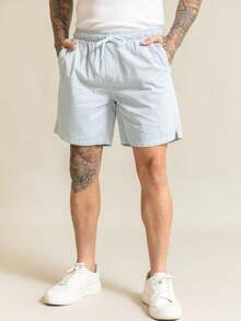 Men's Bermuda Shorts In Twill With Linen And Drawstring - Azul - Ver 5