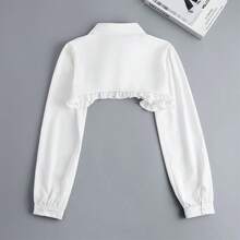 1pc Women Casual Solid White Button Ruffle Collar Long Sleeve Non-Stretch Shawl Collar Blouse, Suitable For Autumn/Winter Holiday And Daily Wear - White - View 6