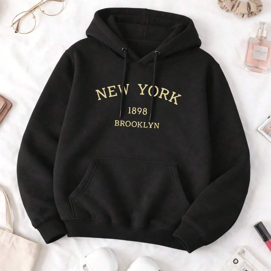 Women's Kangaroo Fleece Hoodie With Pockets, Tumblr Style Sweatshirt - 黑色 - 查看 1