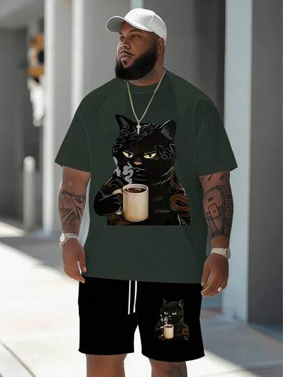 Men's Streetwear Casual Cartoon Series "Coffee Cat" Pattern Sports Set - Polyester Knit Fabric, Round Neck Design, Drawstring Shorts, Pocket Details, Regular Fit, Suitable For Plus Size
