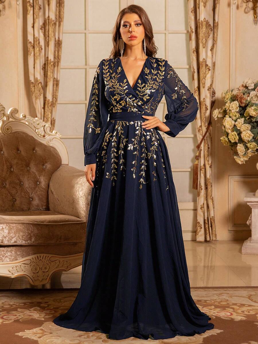 Đầm dạ hội dài tay thanh lịch bằng chiffon, đính sequin vàng, họa tiết hoa, cổ chữ V, dáng chữ A. - Màu xanh hải quân - Xem 1