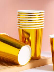 10/20/50/90pcs Gold Paper Party Cups, 9oz Drinking Glasses, Coffee Cups, Cold Beverage Cups, Reusable, Ideal For Birthday Party, Wedding, Mother's Day - Gold - View 3